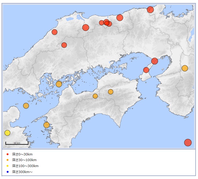 1922年以降の岡山震度４以上地図
