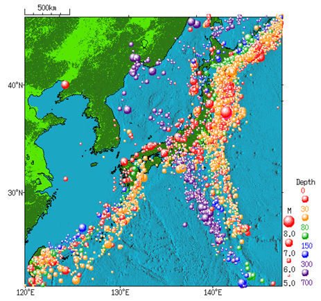 1960年から2011年発生地震分布図